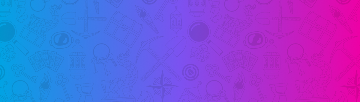 A gradient background transitioning from blue to pink, featuring various light outlines of icons like keys, treasure chests, and compasses.