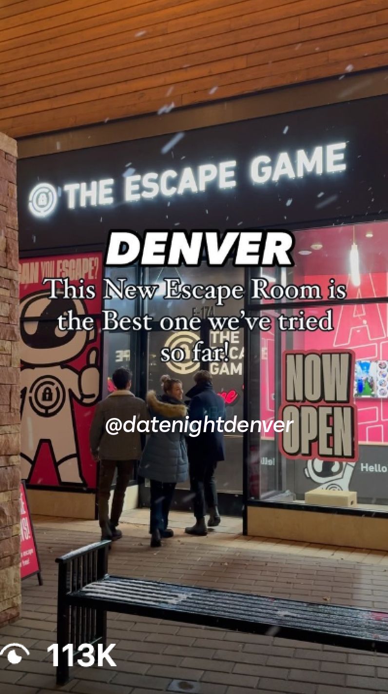 A group of people approaches the entrance of "The Escape Game" in Denver, with a bright storefront and signage.