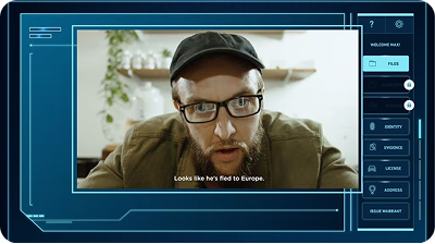 A man with glasses and a cap is speaking intently on a digital screen, saying, "Looks like he's fled to Europe."