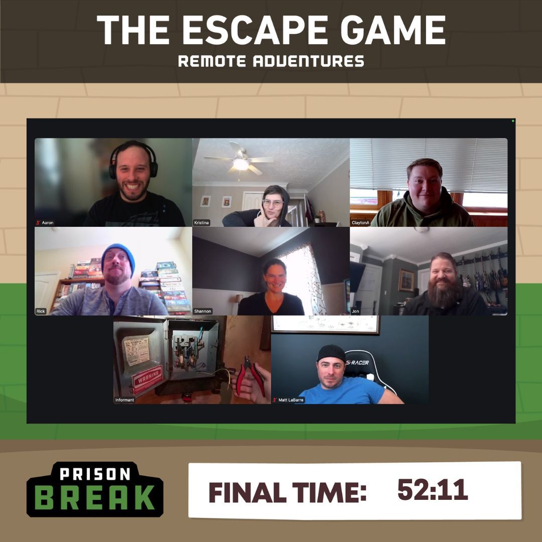 Group video call for "The Escape Game," featuring seven participants, with a timer showing 52:11.
