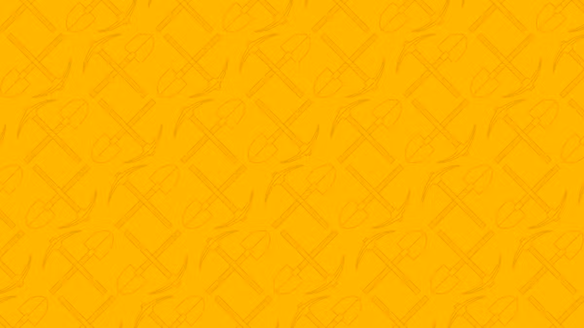 Pattern of crossed shovels and pickaxes on a bright yellow background.