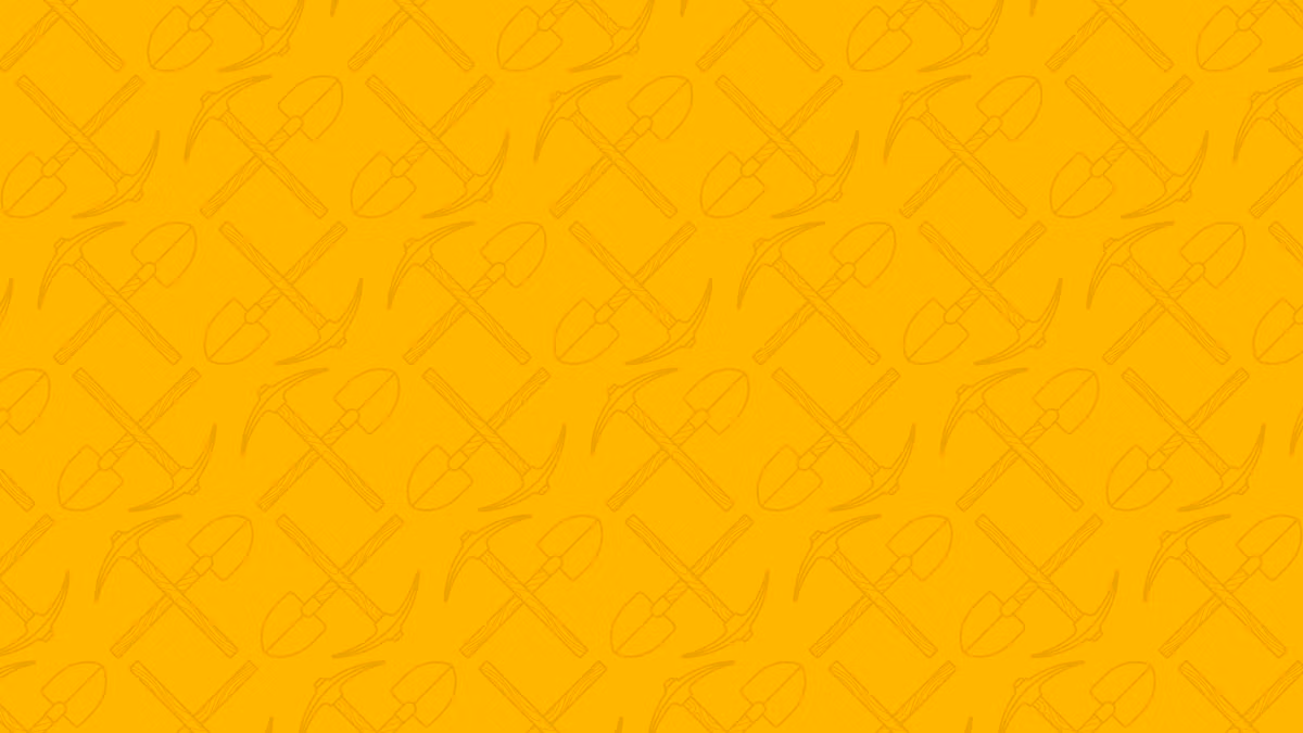 Pattern of crossed shovels and pickaxes on a bright yellow background.