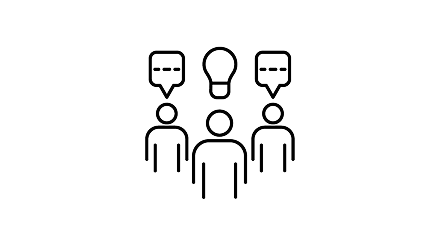 Three figures are shown, one in the center with a lightbulb above, symbolizing ideas. The outer figures have speech bubbles.