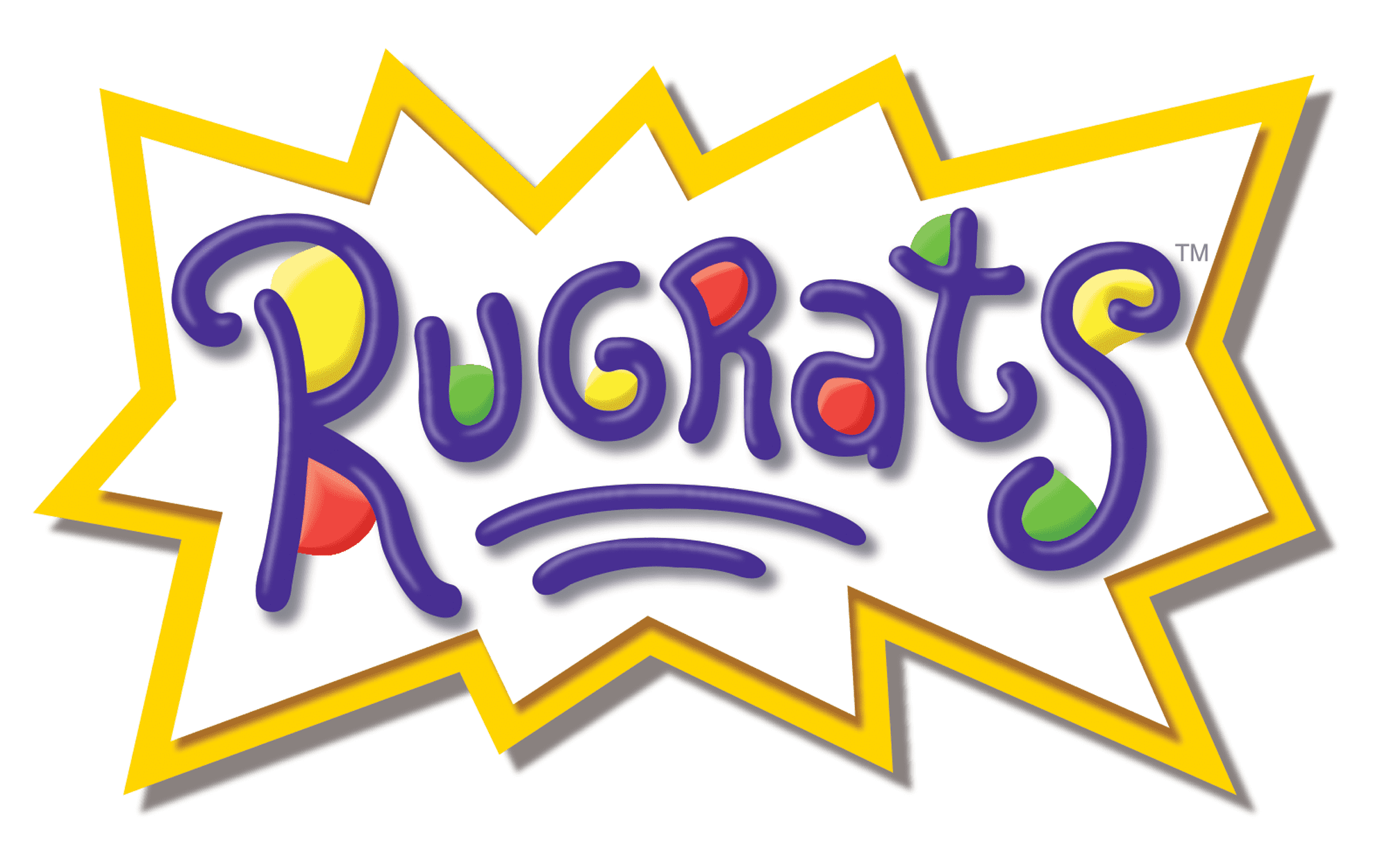 Logo of "Rugrats" in purple letters on a yellow starburst background, with colorful dots above and below the text.