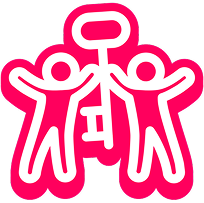 Two stylized figures with raised arms holding a key, set against a bright pink background.