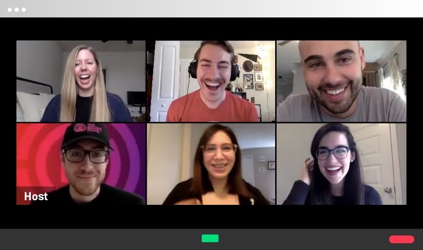 A video call screen featuring six smiling participants in a grid layout, with a host at the bottom left.