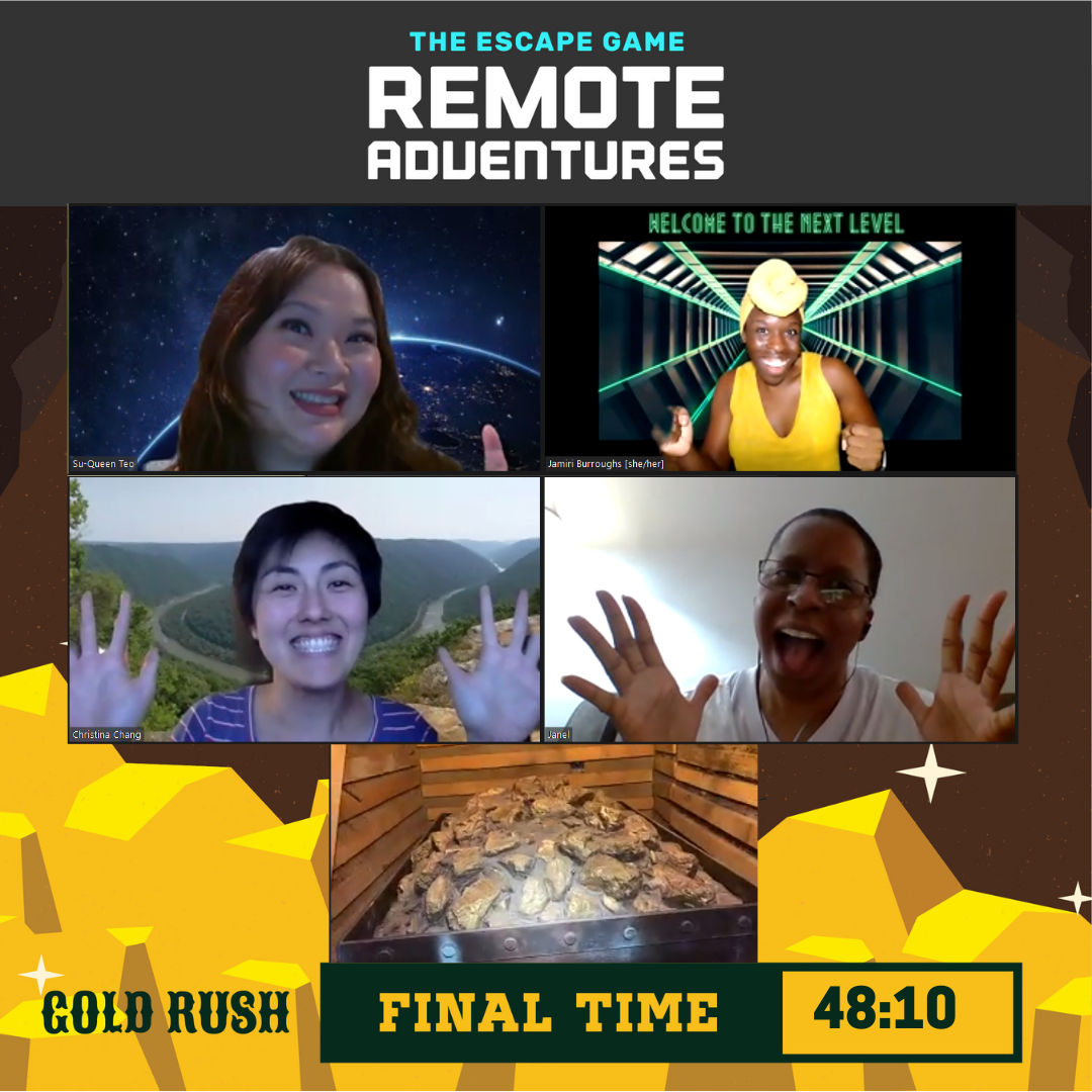 Four participants celebrate their escape game achievement, with a virtual background of space and mountains. A stash of gold is shown below.
