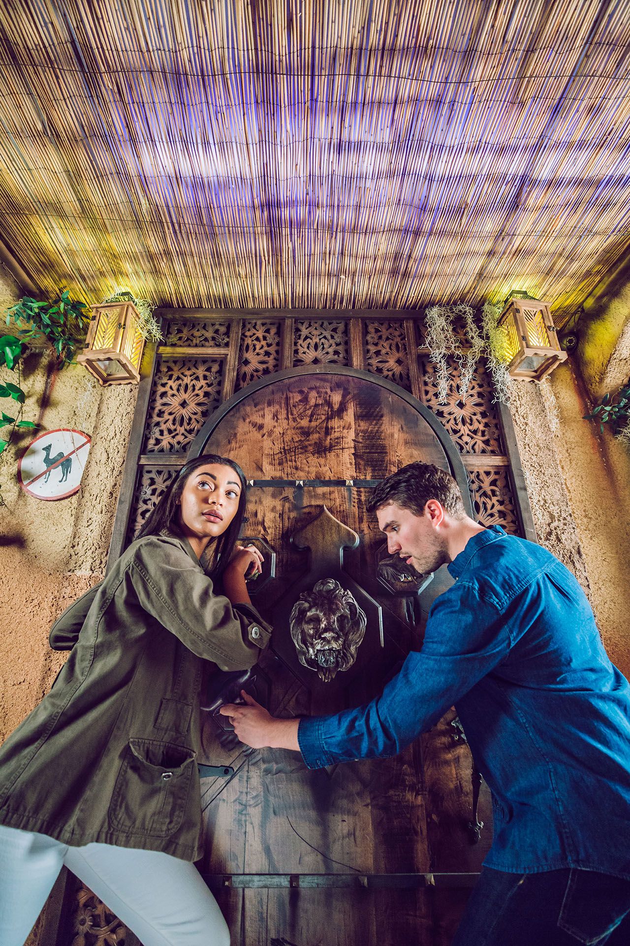 A woman and a man are interacting with a large, ornate wooden door featuring a lion's head knocker, surrounded by decorative elements.