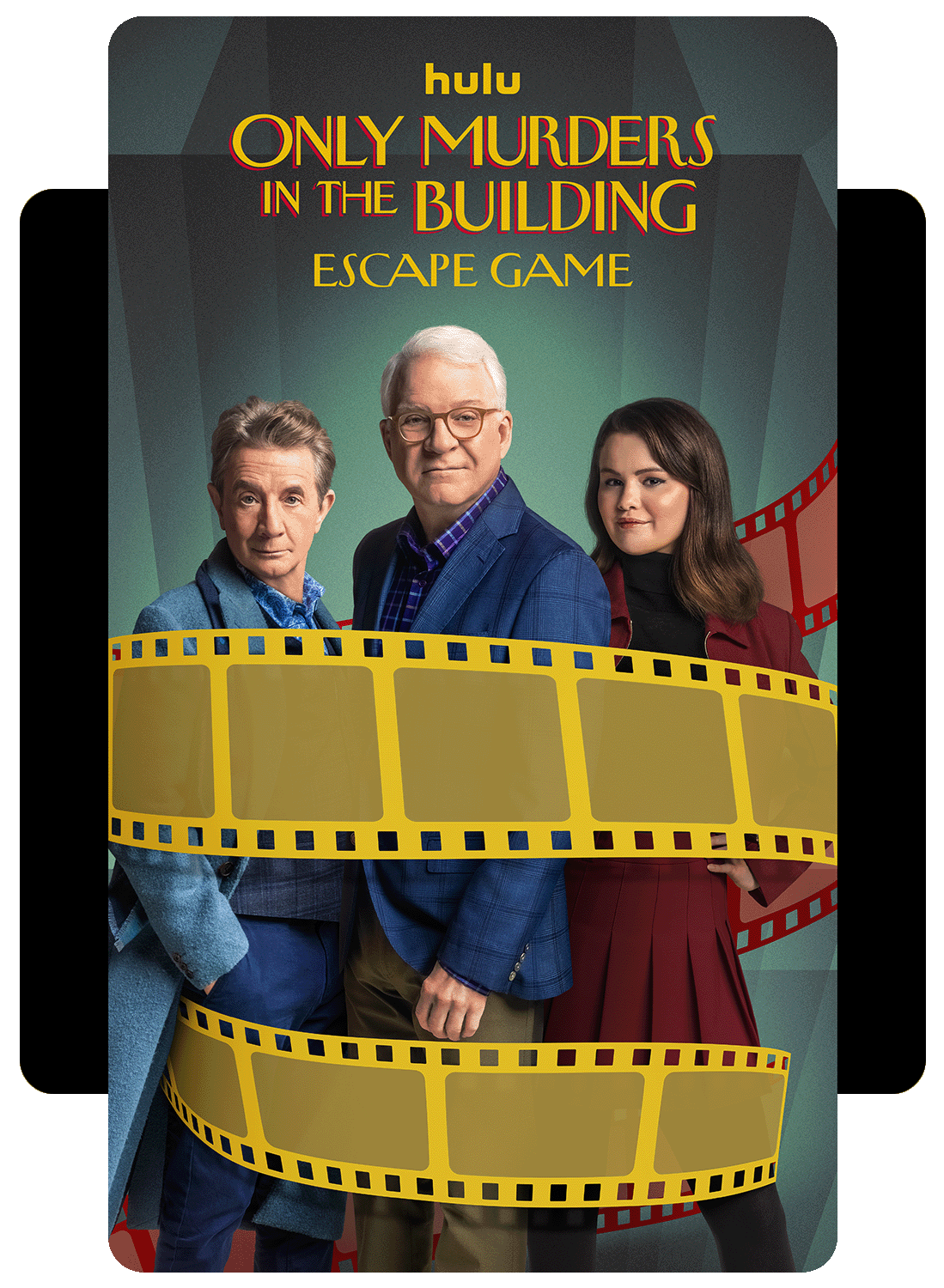 Logo for "Only Murders in the Building Escape Game," featuring three characters in front, framed by a film strip design.
