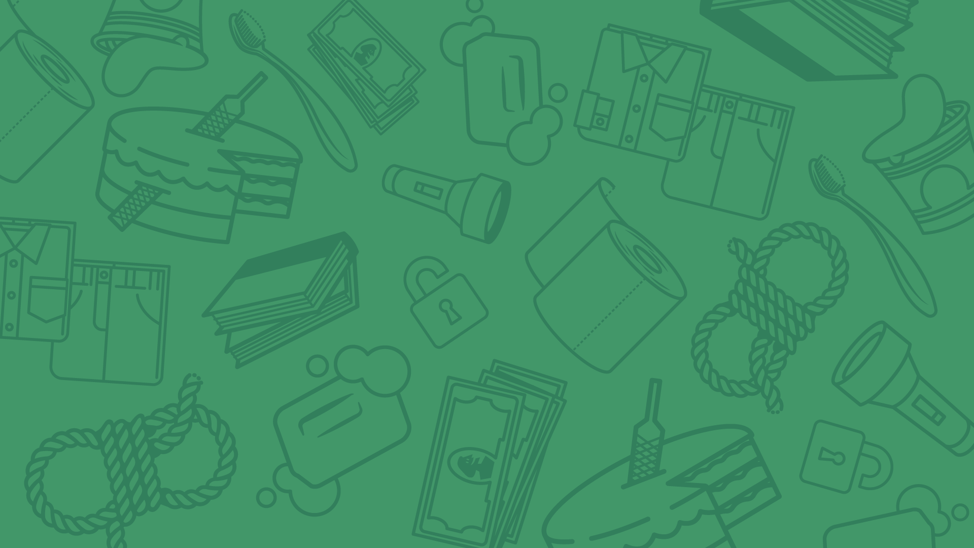 A green background featuring various outlined icons, including a cake, cash, a flashlight, clothing, and rope.