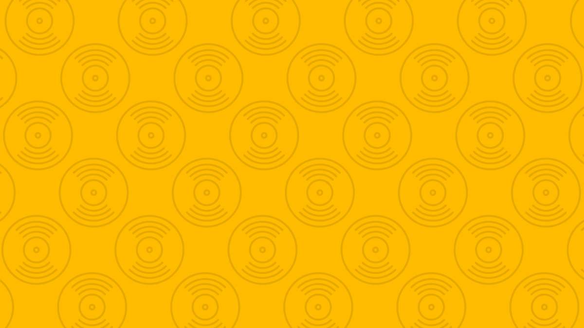 A patterned background of yellow circles resembling vinyl records with sound wave lines.