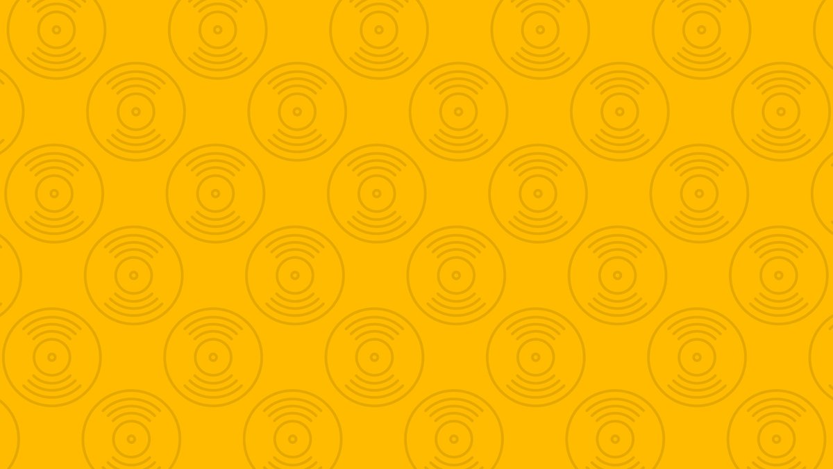 A patterned background of yellow circles resembling vinyl records with sound wave lines.