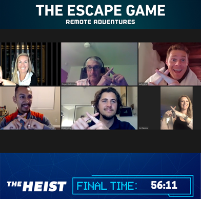 Group of six participants in a virtual escape game, all making an "X" gesture with their arms. Display shows "Final Time: 56:11."