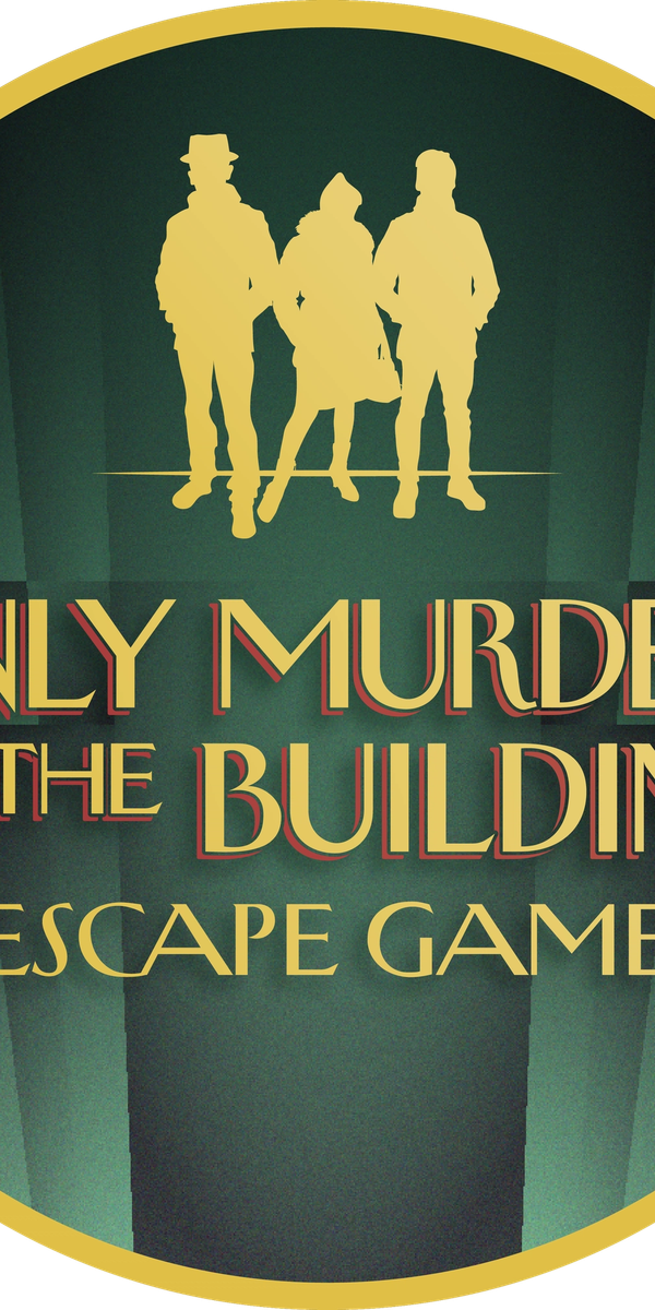Logo for "Only Murders in the Building" Escape Game featuring three silhouetted figures against a green background.
