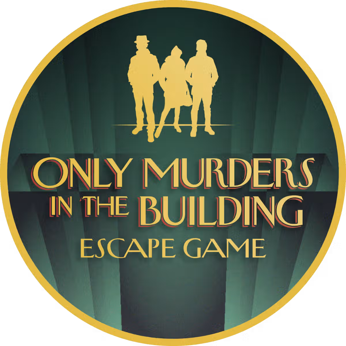Logo for "Only Murders in the Building" Escape Game featuring three silhouetted figures against a green background.