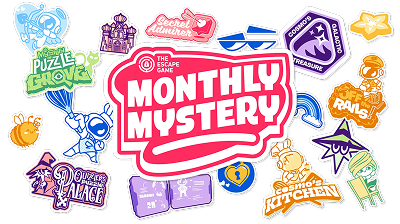 Colorful collection of playful stickers featuring themes from escape games, centered around "Monthly Mystery."