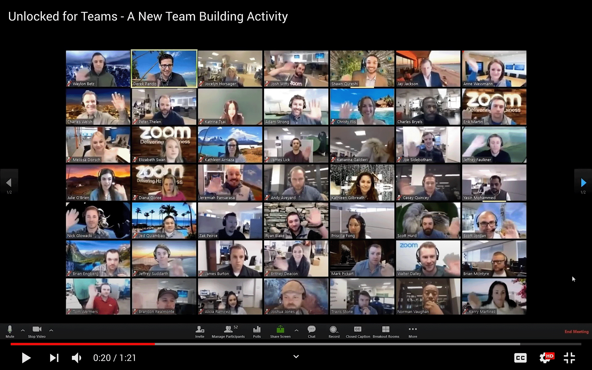 A grid of participants in a virtual meeting, all waving and smiling, showcasing diverse people in a team-building activity.