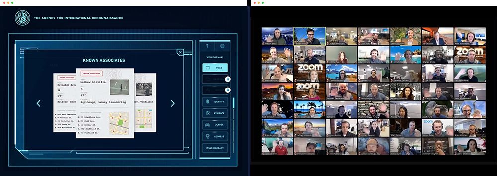 Screenshot divided into two sections: left shows a digital interface with "Known Associates" and profiles; right displays a large Zoom meeting of diverse participants.