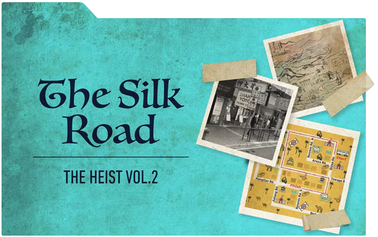 Cover image featuring "The Silk Road: The Heist Vol. 2" on a turquoise background with vintage photos and a map.