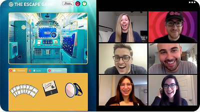 A split-screen image: left side shows a colorful escape room setup; right side features six smiling participants on a video call.