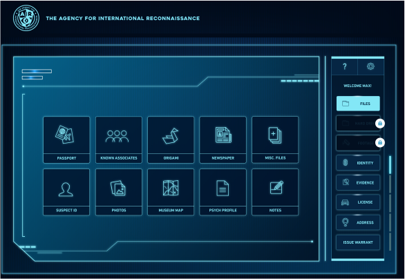 Futuristic interface for an intelligence agency, displaying options like passport, known associates, and files.