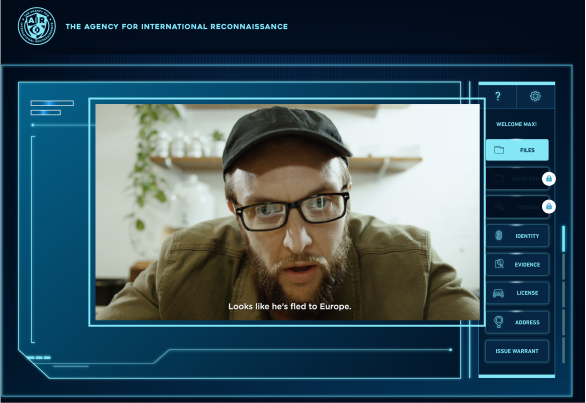 A close-up of a man with glasses and a cap looking intensely at the camera, with a digital interface on the side displaying various options.