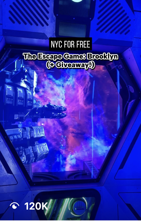 A futuristic window view with vibrant purple and blue cosmic clouds, featuring a spaceship structure. Text overlay promotes a giveaway.