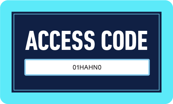 Background features a light blue border. Main content displays the text "ACCESS CODE" and a code reading "01HAHN0".