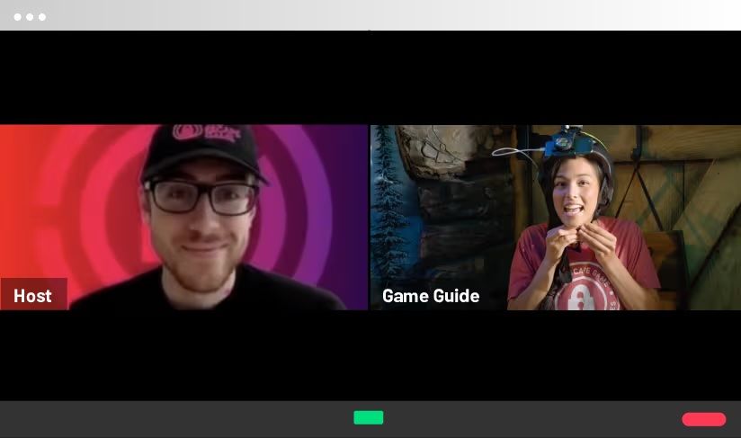 Video call featuring a smiling host on the left with a patterned background and a game guide on the right wearing a helmet and talking.