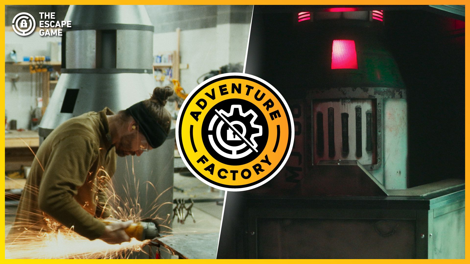 A person in a workshop is using a tool that creates sparks, while on the right is a mysterious, illuminated machine. The words "ADVENTURE FACTORY" are prominently displayed in the center.