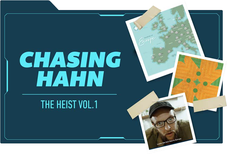 Title card for "Chasing Hahn: The Heist Vol. 1," featuring polaroid images, a map, and tape accents.