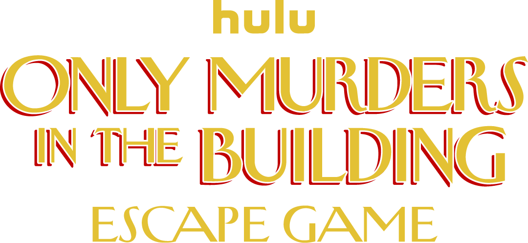 Logo for Hulu's "Only Murders in the Building" Escape Game, featuring bold text in red and gold.