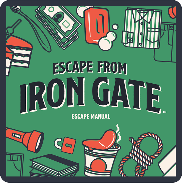 Cover featuring various escape-themed illustrations, including money, a shirt, cake, and a flashlight, titled "Escape from Iron Gate."