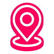 Pink location pin icon with a circular dot in the center, set against a black background.
