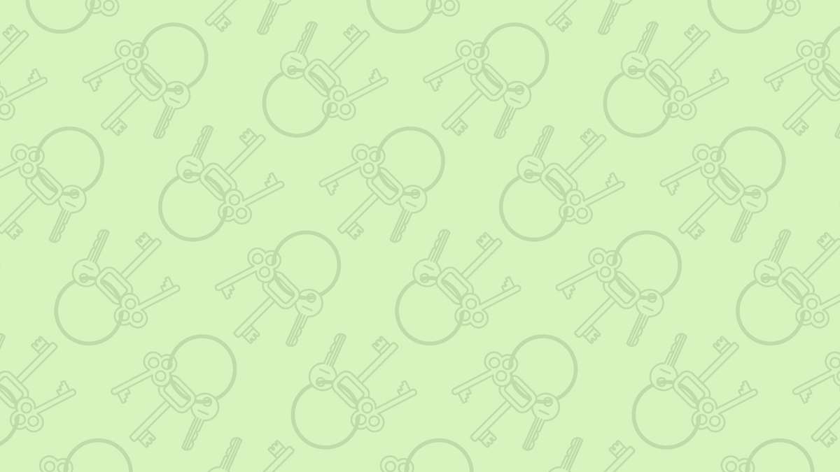 Pattern of pale green background featuring repeated outlines of cartoonish skeletons holding keys.