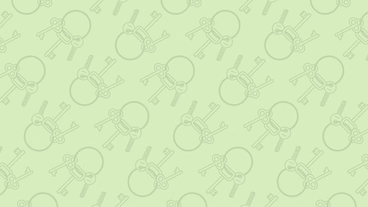 Pattern of pale green background featuring repeated outlines of cartoonish skeletons holding keys.