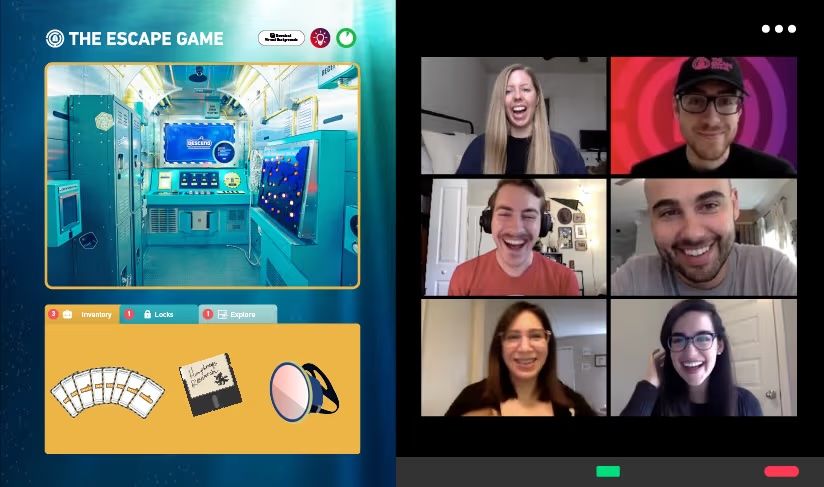 A digital escape game interface with a futuristic control room above and a video call of six smiling participants below.