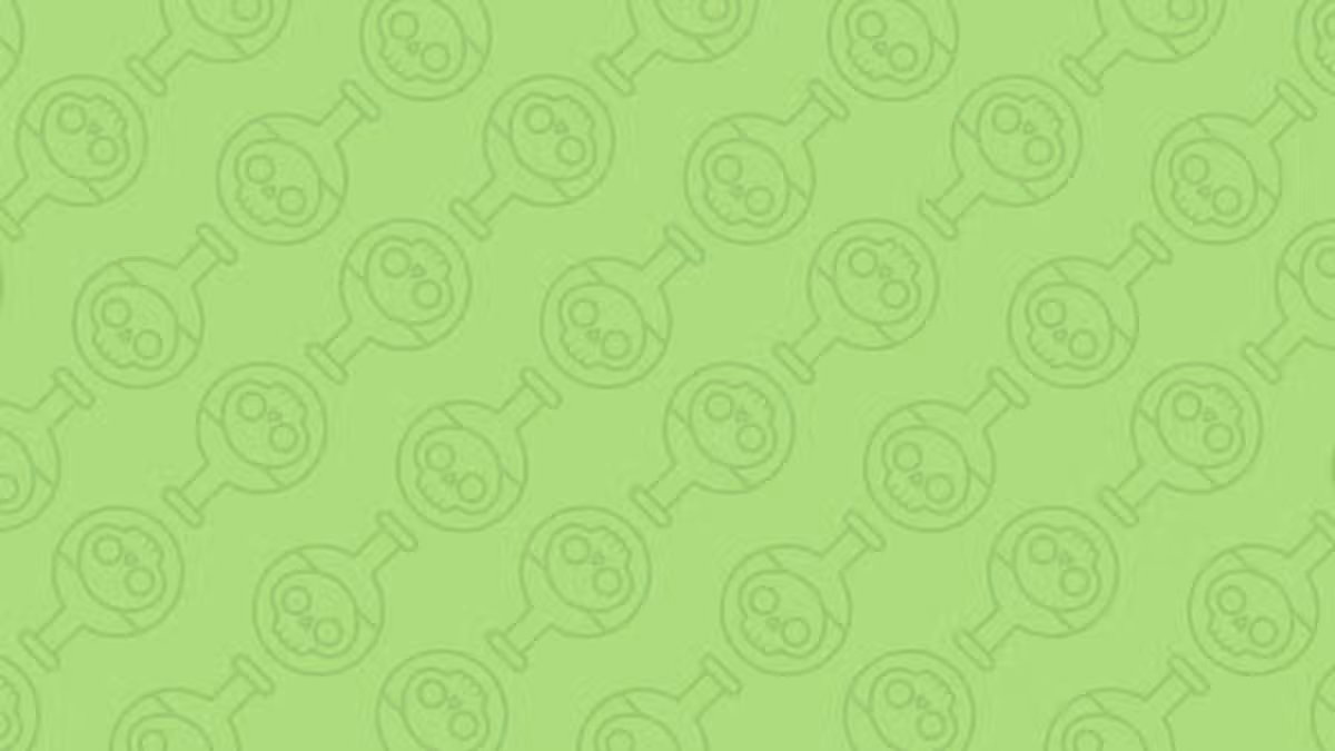 Pattern of cartoon flasks with skulls on a light green background. Repetitive and whimsical design.