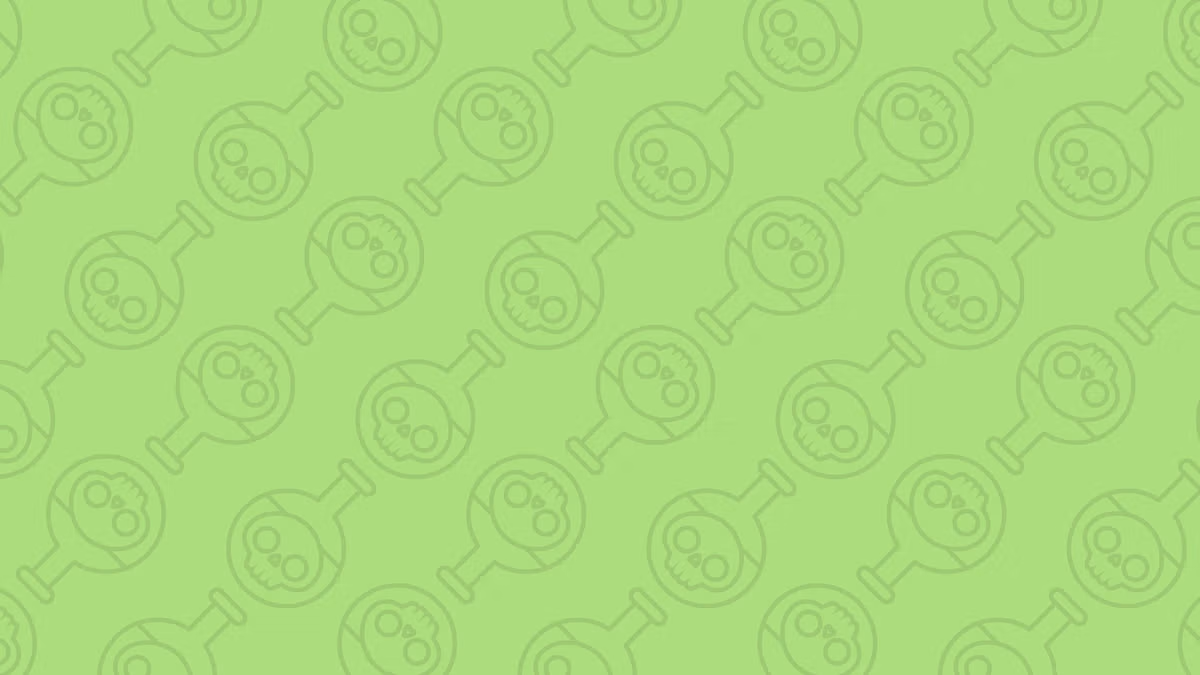 Pattern of cartoon flasks with skulls on a light green background. Repetitive and whimsical design.