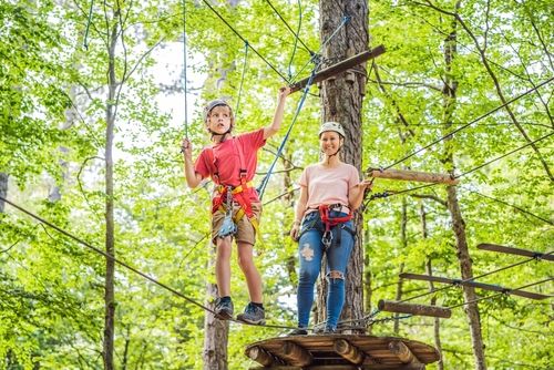 a family ziplining
