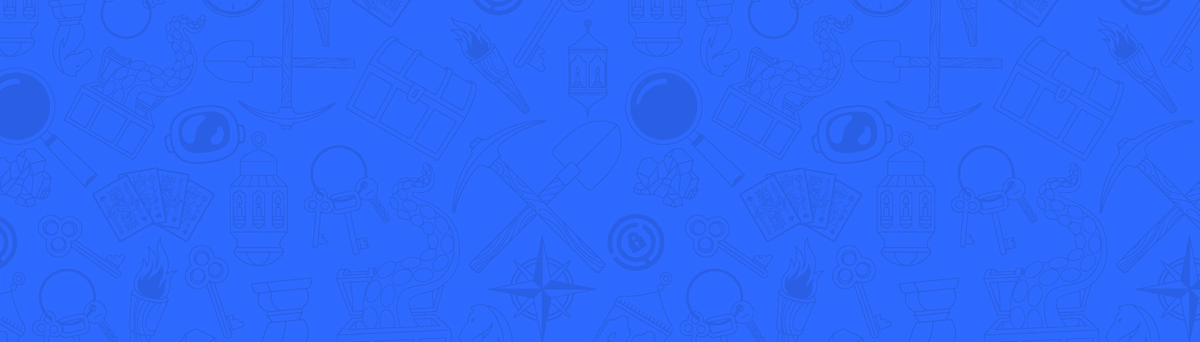 A blue background with a pattern of various outlined icons, including tools, treasure chests, playing cards, and lanterns.