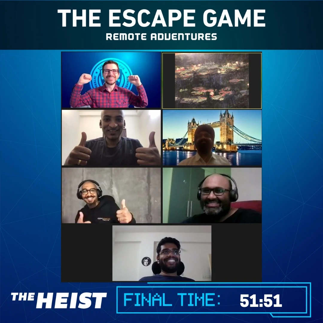 Screenshot of a virtual escape game session, featuring six participants smiling and giving thumbs up, with an image of a scenic view above.