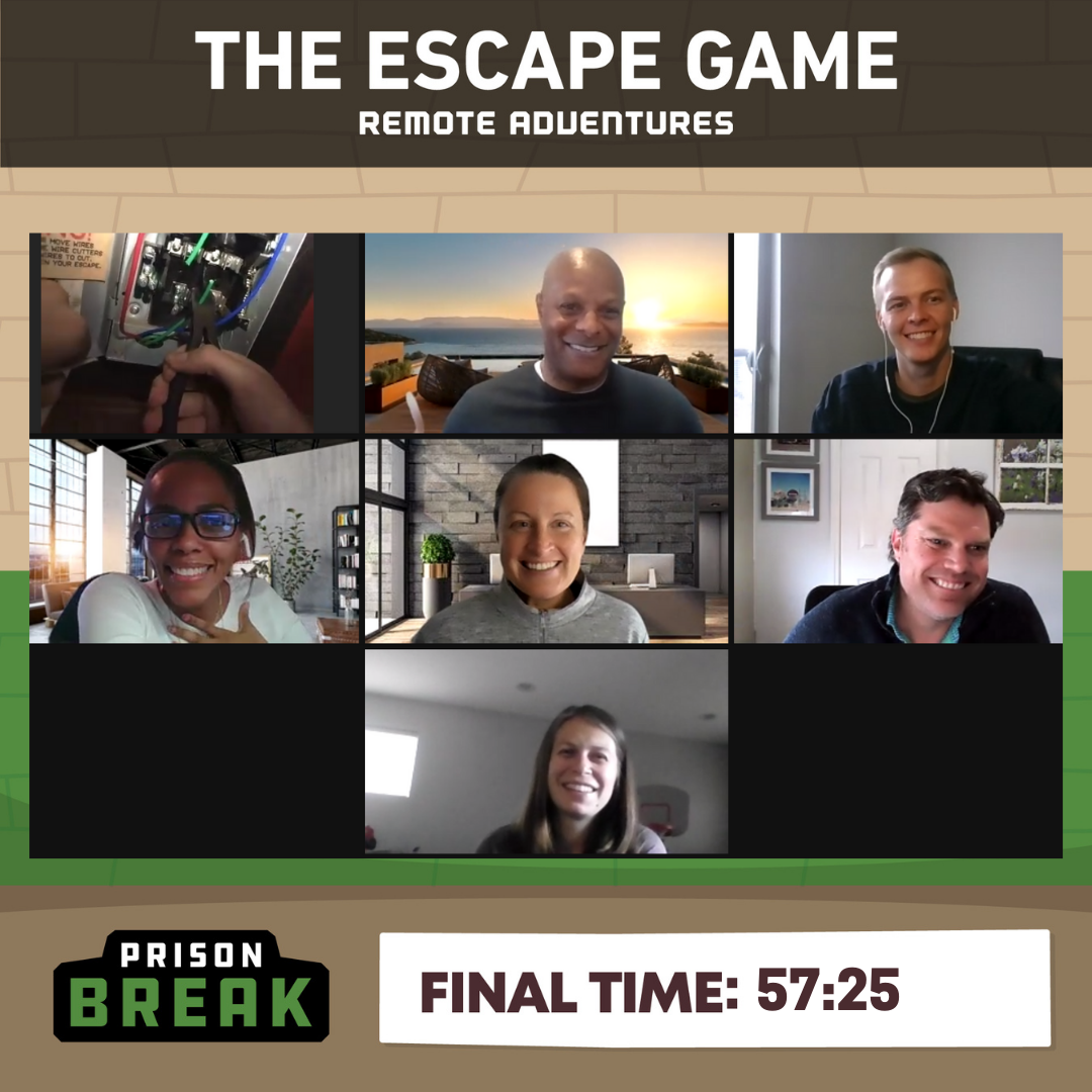 A video call screen featuring six participants smiling, discussing an escape room game. Final time displayed: 57:25.