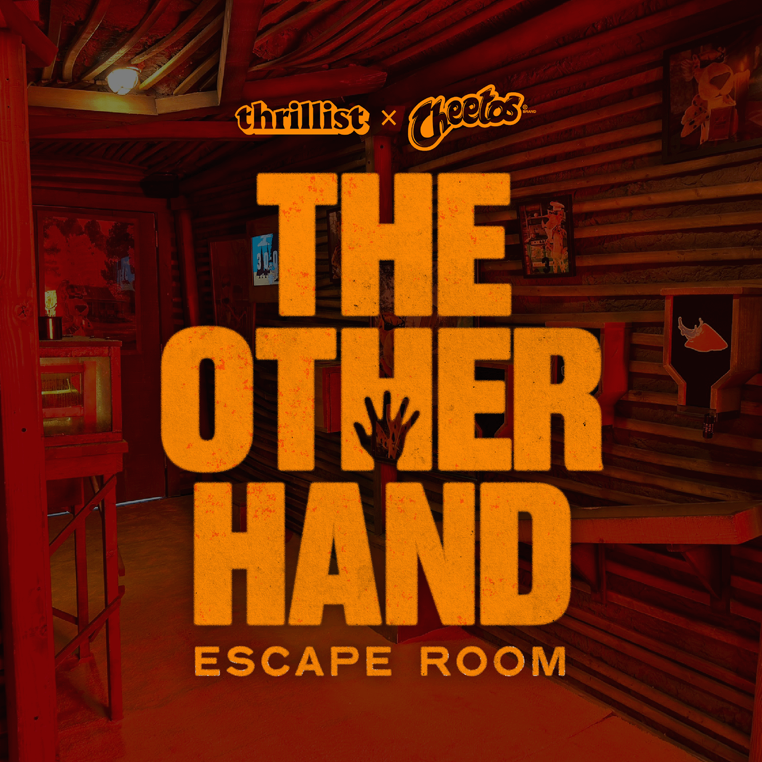 Brightly lit escape room interior featuring wooden walls, with “THE OTHER HAND ESCAPE ROOM” prominently displayed in orange text.