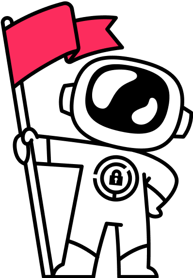 A cartoon astronaut holding a pink flag, wearing a suit with a lock emblem on the chest, against a black background.