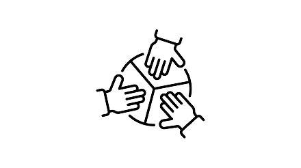 Illustration of multiple hands reaching toward a central cube, symbolizing collaboration or teamwork.