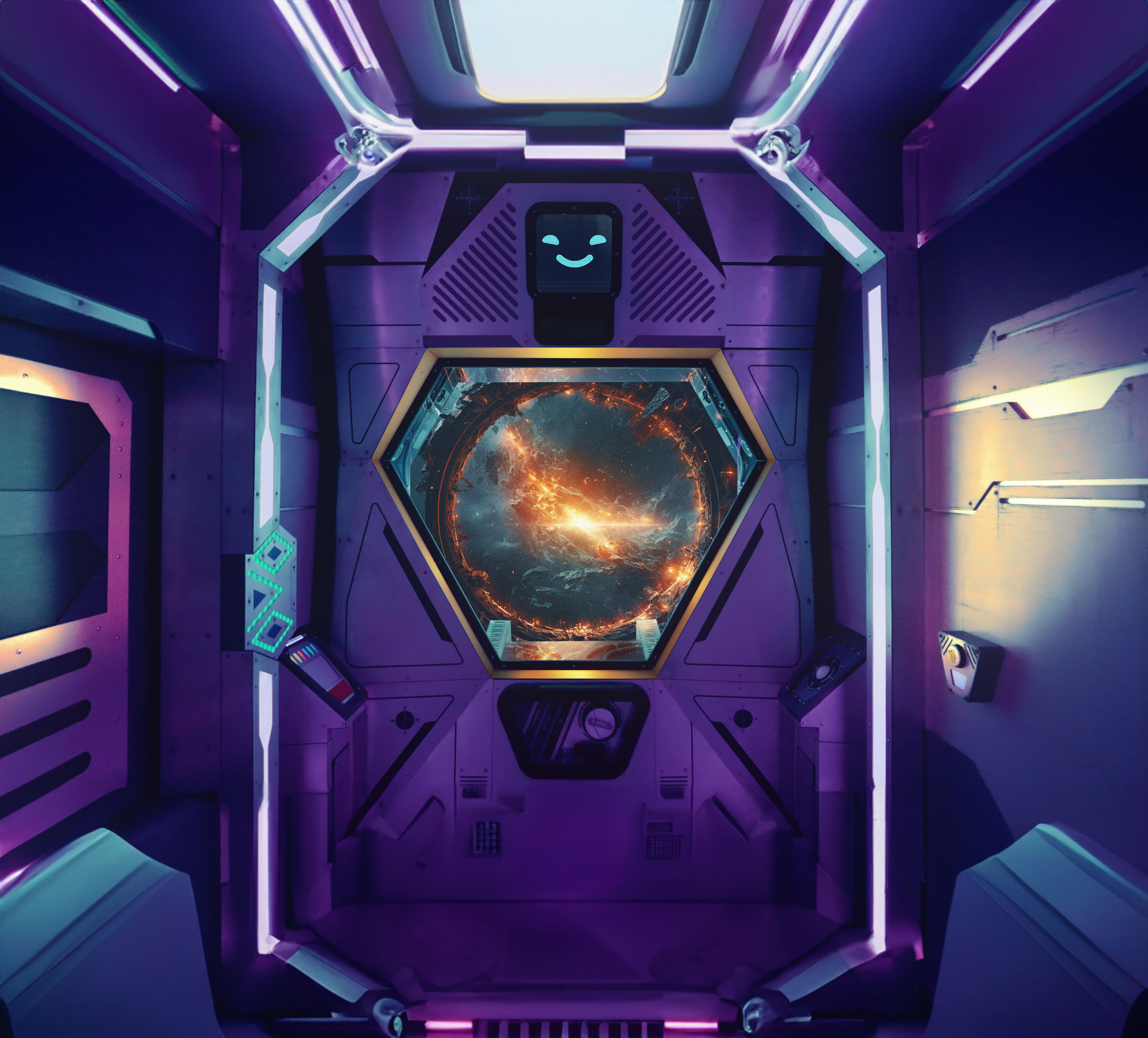 Futuristic spacecraft interior featuring a hexagonal window revealing a cosmic scene with a galaxy, illuminated by neon lights.