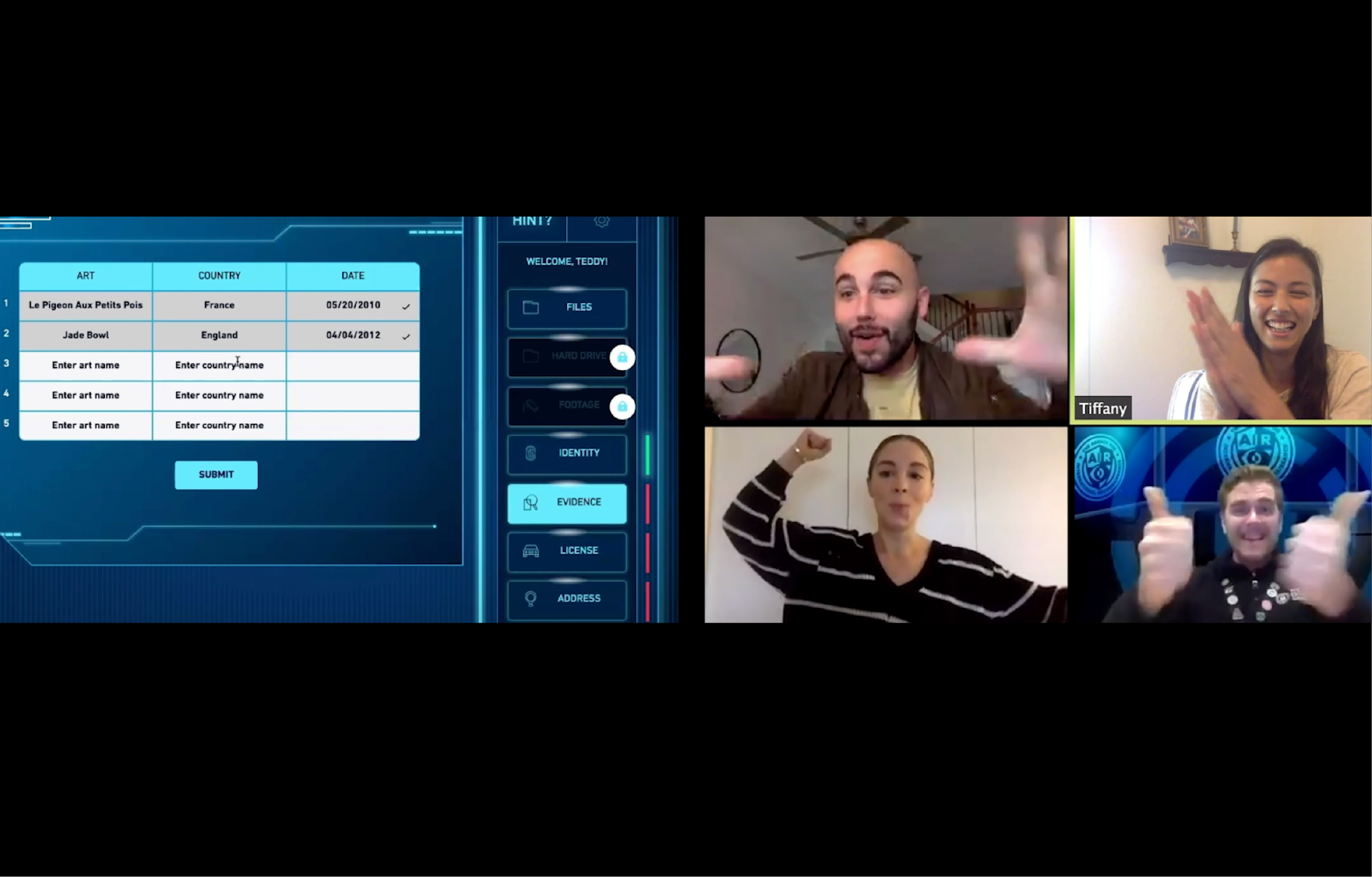 Group video call with four people engaged in animated conversation. A digital interface on the left displays art details.