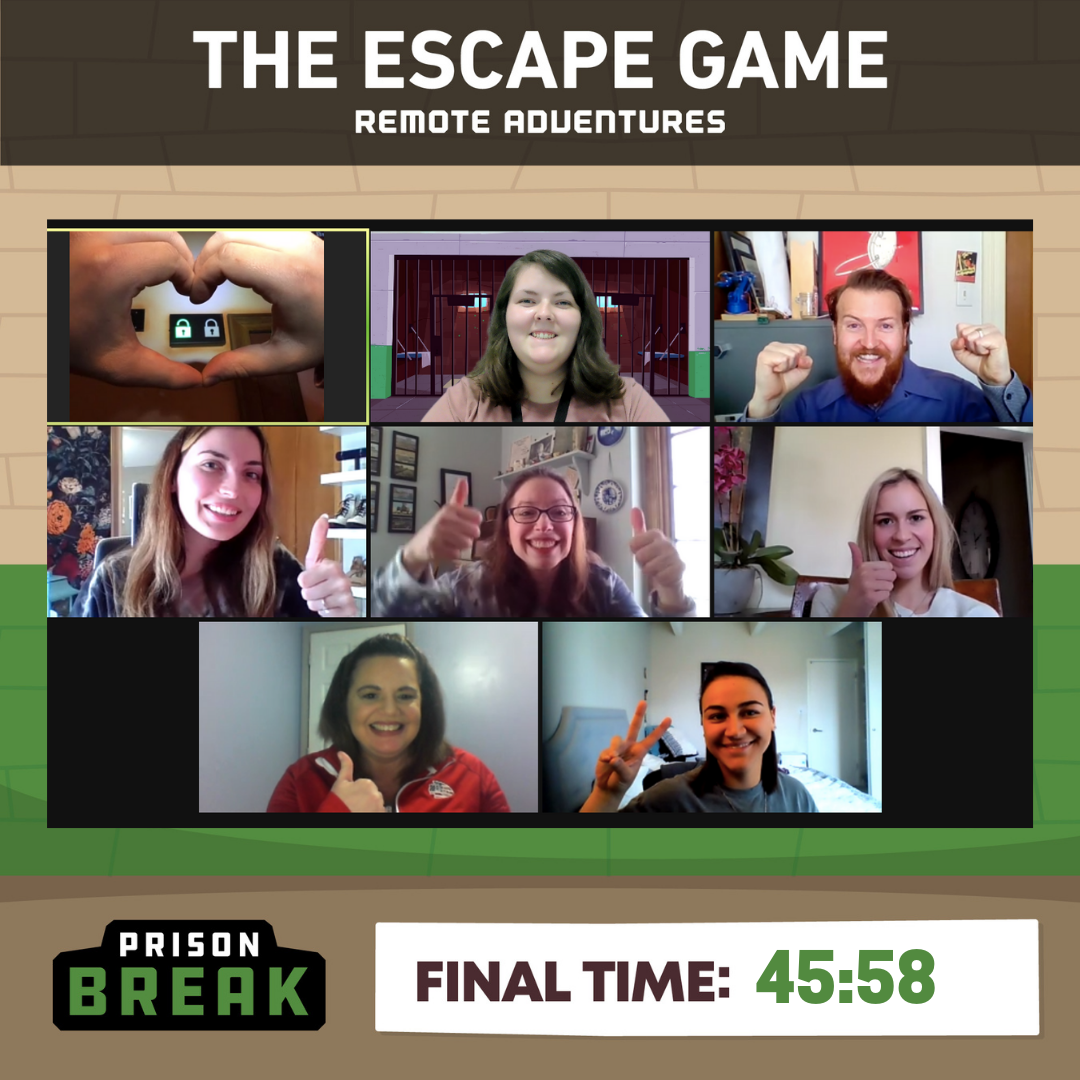 A collage of eight participants celebrating a virtual escape game, showing thumbs up and smiles, with a timer displaying 45:58.