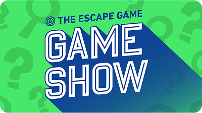 Green background with a blue shape featuring the text "GAME SHOW" in bold white letters and "THE ESCAPE GAME" above it.